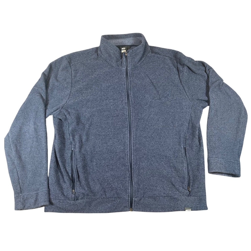 REI Co-op Men XL Full Zip Waffle Grid Fleece Jacket Blue Heather Outdoor Texture